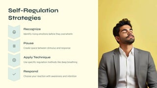 Self-Regulation
Strategies
Recognize
Identify rising emotions before they overwhelm
Pause
Create space between stimulus and response
Apply Technique
Use specific regulation methods like deep breathing
Respond
Choose your reaction with awareness and intention
 