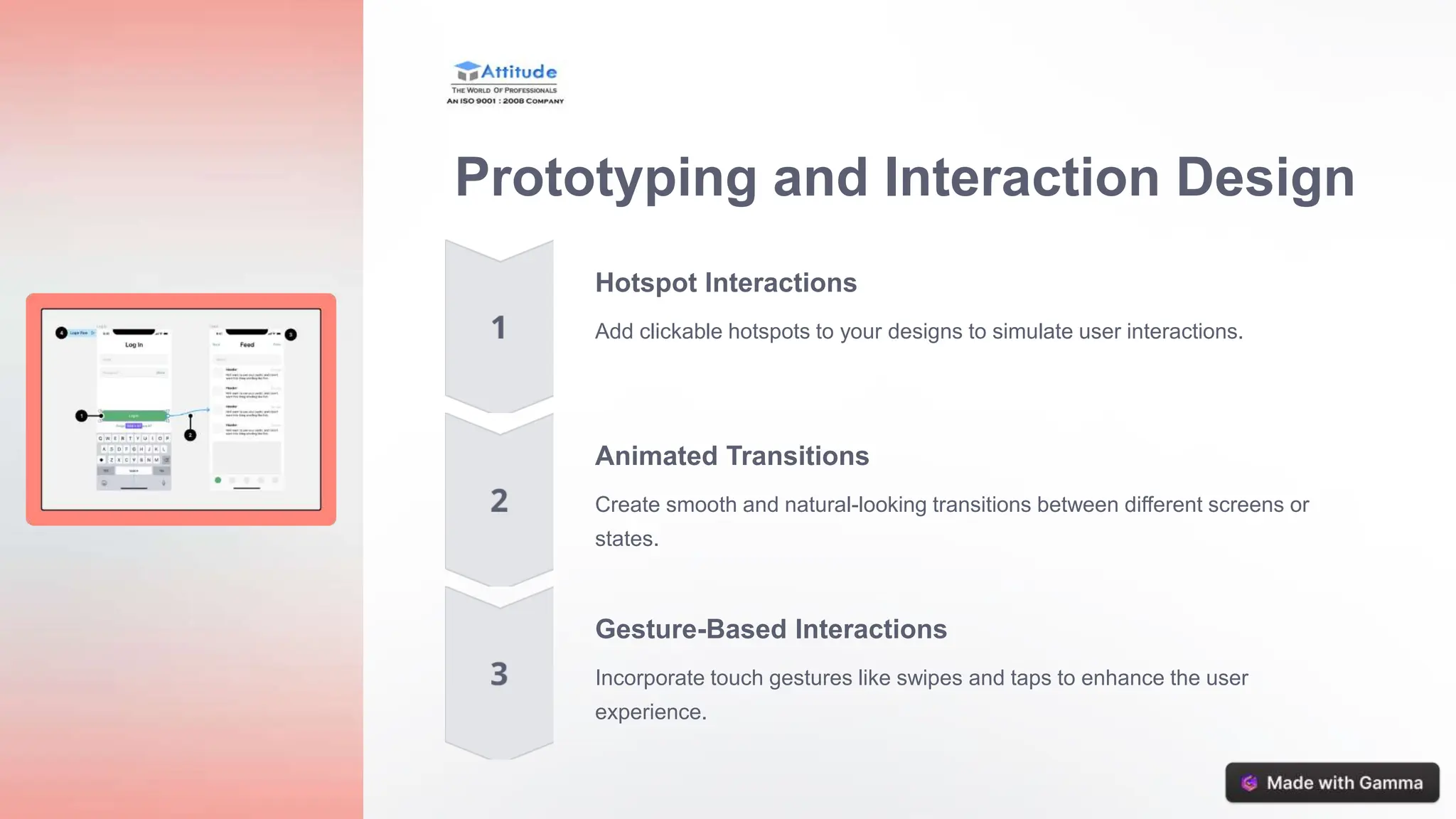 Prototyping and Interaction Design
Hotspot Interactions
Add clickable hotspots to your designs to simulate user interactions.
Animated Transitions
Create smooth and natural-looking transitions between different screens or
states.
Gesture-Based Interactions
Incorporate touch gestures like swipes and taps to enhance the user
experience.
 