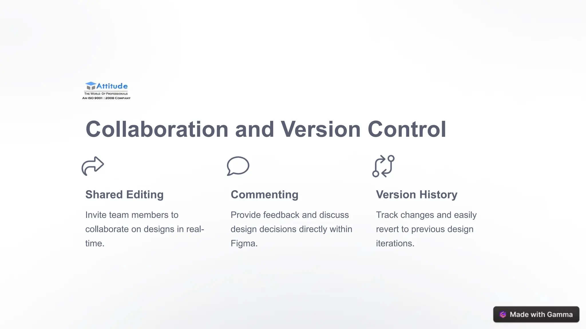 Collaboration and Version Control
Shared Editing
Invite team members to
collaborate on designs in real-
time.
Commenting
Provide feedback and discuss
design decisions directly within
Figma.
Version History
Track changes and easily
revert to previous design
iterations.
 