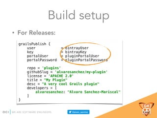 grailsPublish { 
user = bintrayUser 
key = bintrayKey 
portalUser = pluginPortalUser 
portalPassword = pluginPortalPassword 
 
repo = 'plugins' 
githubSlug = 'alvarosanchez/my-plugin' 
license = 'APACHE 2.0' 
title = "My Plugin" 
desc = "A very cool Grails plugin" 
developers = [ 
alvarosanchez: "Alvaro Sanchez-Mariscal" 
] 
}
• For Releases:
Build setup
 