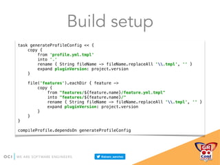 Build setup
task generateProfileConfig << { 
copy { 
from 'profile.yml.tmpl' 
into '.' 
rename { String fileName -> fileName.replaceAll '.tmpl', '' } 
expand pluginVersion: project.version 
} 
 
file('features').eachDir { feature -> 
copy { 
from "features/${feature.name}/feature.yml.tmpl" 
into "features/${feature.name}/" 
rename { String fileName -> fileName.replaceAll '.tmpl', '' } 
expand pluginVersion: project.version 
} 
} 
} 
 
compileProfile.dependsOn generateProfileConfig
 