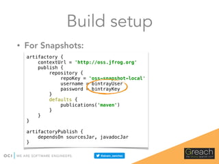 • For Snapshots:
Build setup
artifactory { 
contextUrl = 'http://oss.jfrog.org' 
publish { 
repository { 
repoKey = 'oss-snapshot-local' 
username = bintrayUser 
password = bintrayKey 
} 
defaults { 
publications('maven') 
} 
} 
} 
 
artifactoryPublish { 
dependsOn sourcesJar, javadocJar 
}
 