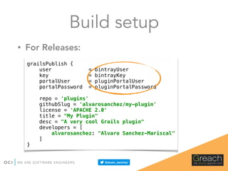 grailsPublish { 
user = bintrayUser 
key = bintrayKey 
portalUser = pluginPortalUser 
portalPassword = pluginPortalPassword 
 
repo = 'plugins' 
githubSlug = 'alvarosanchez/my-plugin' 
license = 'APACHE 2.0' 
title = "My Plugin" 
desc = "A very cool Grails plugin" 
developers = [ 
alvarosanchez: "Alvaro Sanchez-Mariscal" 
] 
}
• For Releases:
Build setup
 