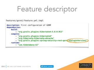 Feature descriptor
description: First configuration of GORM 
dependencies: 
build: 
- "org.grails.plugins:hibernate4:5.0.0.RC2" 
compile: 
- "org.grails.plugins:hibernate4" 
- "org.hibernate:hibernate-ehcache" 
- "org.grails.plugins:spring-security-rest-gorm:${pluginVersion}" 
runtime: 
- "com.h2database:h2"
features/gorm1/feature.yml.tmpl
 