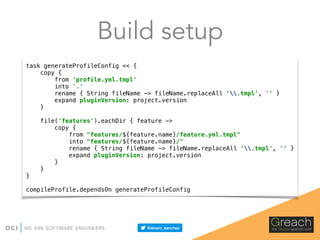 Build setup
task generateProfileConfig << { 
copy { 
from 'profile.yml.tmpl' 
into '.' 
rename { String fileName -> fileName.replaceAll '.tmpl', '' } 
expand pluginVersion: project.version 
} 
 
file('features').eachDir { feature -> 
copy { 
from "features/${feature.name}/feature.yml.tmpl" 
into "features/${feature.name}/" 
rename { String fileName -> fileName.replaceAll '.tmpl', '' } 
expand pluginVersion: project.version 
} 
} 
} 
 
compileProfile.dependsOn generateProfileConfig
 