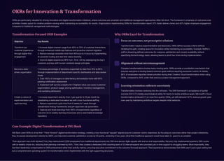 OKRs for Innovation & Transformation
OKRs are particularly valuable for driving innovation and digital transformation initiatives, where outcomes are uncertain and traditional management approaches often fall short. The framework's emphasis on outcomes over
activities creates space for creative problem-solving while maintaining accountability for results. Organizations implementing OKRs for transformation report 37% faster delivery times and 42% higher employee engagement
compared to traditional management methodologies.
Transformation-Focused OKR Examples
Objective Key Results
Transform our
customer experience
through digital-first
engagement
1. Increase digital channel usage from 40% to 70% of customer interactions
through enhanced mobile app features and proactive channel migration
2. Reduce average resolution time from 48 hours to 4 hours by implementing
AI-powered routing and real-time status tracking
3. Improve digital experience NPS from -10 to +40 by redesigning the top 5
customer journeys with human-centered design principles
Become a data-
driven organization
1. Increase percentage of decisions supported by data from 15% to 80%
through implementation of department-specific dashboards and data review
rituals
2. Train 100% of managers on data literacy and analytics tools with 85%
passing certification assessment
3. Implement self-service analytics for 5 highest-value use cases (customer
segmentation, product usage, pricing optimization, inventory management,
and marketing attribution)
Create a culture of
experimentation and
rapid learning
1. Increase experiment velocity from 2 per quarter to 10 per month by
establishing a dedicated innovation lab with cross-functional staffing
2. Reduce experiment cycle time from 6 weeks to 1 week through
standardized testing frameworks and pre-approved risk parameters
3. Capture and share learnings from 100% of experiments regardless of
outcome via bi-weekly learning showcases and a searchable knowledge
repository
Why OKRs Excel for Transformation
Focus on outcomes, not prescriptive solutions
Transformation requires experimentation and discovery. OKRs define success criteria without
dictating the path, creating space for innovation while maintaining accountability. Example: Netflix's
shift to streaming defined outcomes for customer satisfaction and content availability without
specifying the technology stack, allowing teams to pivot four times during implementation.
Alignment without micromanagement
Complex transformations involve many moving parts. OKRs provide a coordination mechanism that
ensures everyone is moving toward common goals without requiring excessive control. At Adobe,
89% of employees reported clearer priorities during their Creative Cloud transformation when using
OKRs, compared to 34% under their previous project management approach.
Learning orientation embraces uncertainty
Transformation involves venturing into the unknown. The OKR framework's acceptance of partial
success (0.6-0.7) creates psychological safety for teams to tackle ambitious goals. Microsoft's Cloud
transformation achieved 0.7 on most first-quarter OKRs, yet still delivered 147% revenue growth year-
over-year by maintaining ambitious targets despite initial setbacks.
Case Example: Digital Transformation at ING Bank
ING Bank used OKRs to drive their "Think Forward" digital transformation strategy, creating cross-functional "squads" aligned around customer-centric objectives. By focusing on outcomes rather than project milestones,
they increased development velocity by 300% and improved customer satisfaction scores by 20 points, achieving in two years what their traditional approach would have taken 5+ years to accomplish.
Their approach was multi-faceted: First, they restructured 3,500 employees from traditional departments into 350 nine-person Agile squads with end-to-end responsibility. Second, they implemented quarterly OKR cycles
with bi-weekly check-ins, reducing their planning overhead by 60%. Third, they created a dedicated OKR coaching team of 12 internal experts who provided just-in-time support to struggling teams. Most importantly, they
tied their leadership compensation to OKR achievement rather than activity metrics, ensuring executive commitment to the outcome-focused approach. Their experience demonstrates that OKRs aren't just a goal-setting tool
but a comprehensive operating system for transformation when implemented with the right supporting structures.
 
