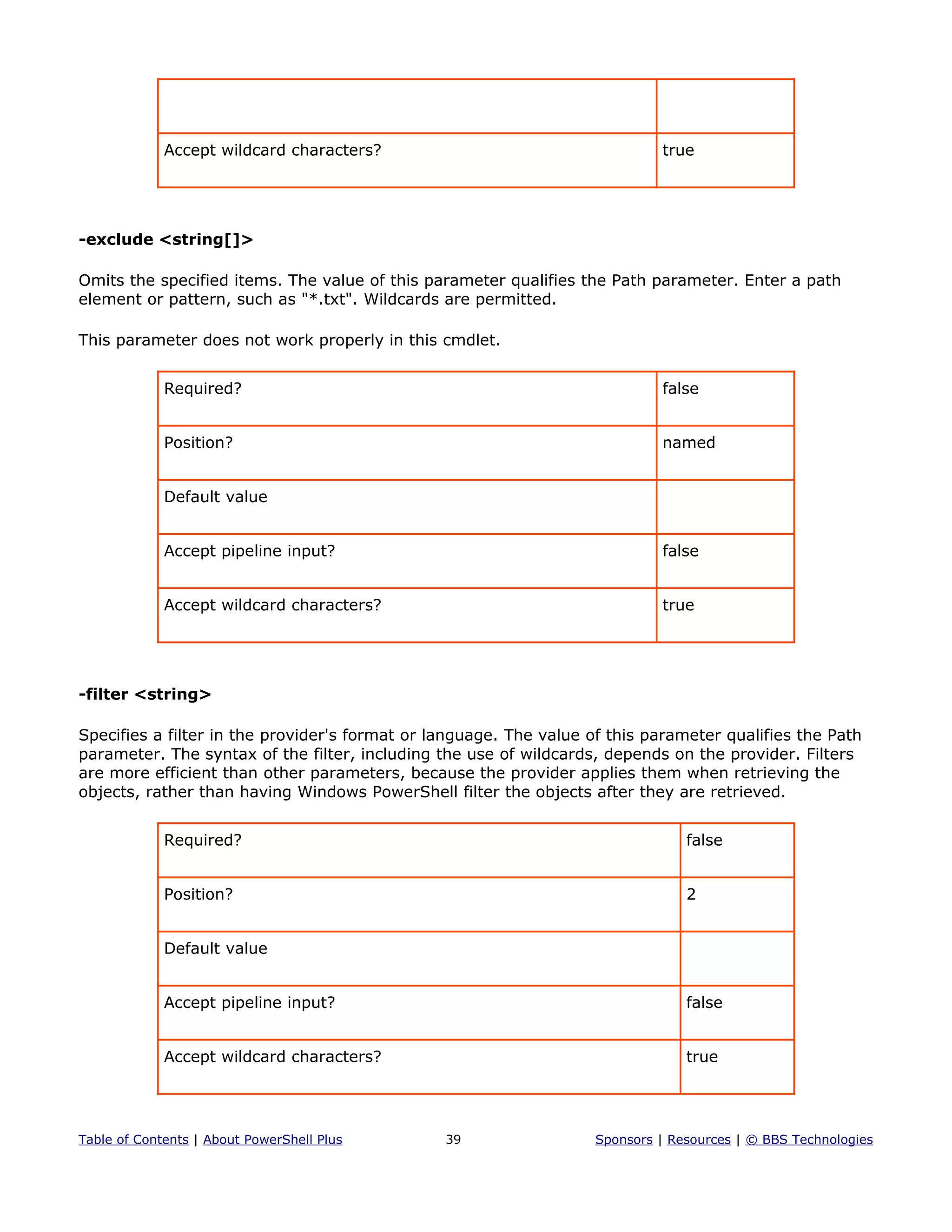 Accept wildcard characters? true
-exclude <string[]>
Omits the specified items. The value of this parameter qualifies the Path parameter. Enter a path
element or pattern, such as "*.txt". Wildcards are permitted.
This parameter does not work properly in this cmdlet.
Required? false
Position? named
Default value
Accept pipeline input? false
Accept wildcard characters? true
-filter <string>
Specifies a filter in the provider's format or language. The value of this parameter qualifies the Path
parameter. The syntax of the filter, including the use of wildcards, depends on the provider. Filters
are more efficient than other parameters, because the provider applies them when retrieving the
objects, rather than having Windows PowerShell filter the objects after they are retrieved.
Required? false
Position? 2
Default value
Accept pipeline input? false
Accept wildcard characters? true
Table of Contents | About PowerShell Plus 39 Sponsors | Resources | © BBS Technologies
 