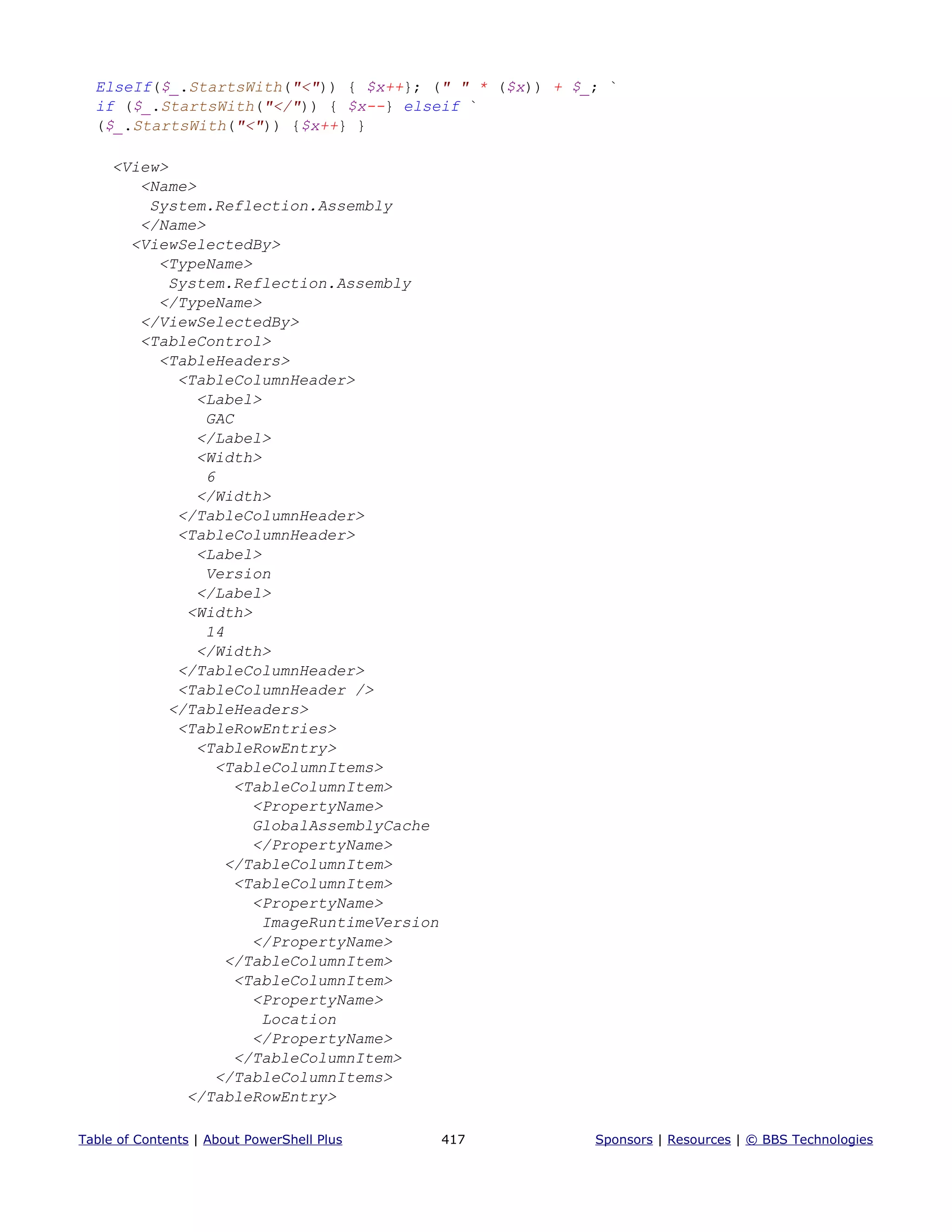 ElseIf($_.StartsWith("<")) { $x++}; (" " * ($x)) + $_; `
if ($_.StartsWith("</")) { $x--} elseif `
($_.StartsWith("<")) {$x++} }
<View>
<Name>
System.Reflection.Assembly
</Name>
<ViewSelectedBy>
<TypeName>
System.Reflection.Assembly
</TypeName>
</ViewSelectedBy>
<TableControl>
<TableHeaders>
<TableColumnHeader>
<Label>
GAC
</Label>
<Width>
6
</Width>
</TableColumnHeader>
<TableColumnHeader>
<Label>
Version
</Label>
<Width>
14
</Width>
</TableColumnHeader>
<TableColumnHeader />
</TableHeaders>
<TableRowEntries>
<TableRowEntry>
<TableColumnItems>
<TableColumnItem>
<PropertyName>
GlobalAssemblyCache
</PropertyName>
</TableColumnItem>
<TableColumnItem>
<PropertyName>
ImageRuntimeVersion
</PropertyName>
</TableColumnItem>
<TableColumnItem>
<PropertyName>
Location
</PropertyName>
</TableColumnItem>
</TableColumnItems>
</TableRowEntry>
Table of Contents | About PowerShell Plus 417 Sponsors | Resources | © BBS Technologies
 