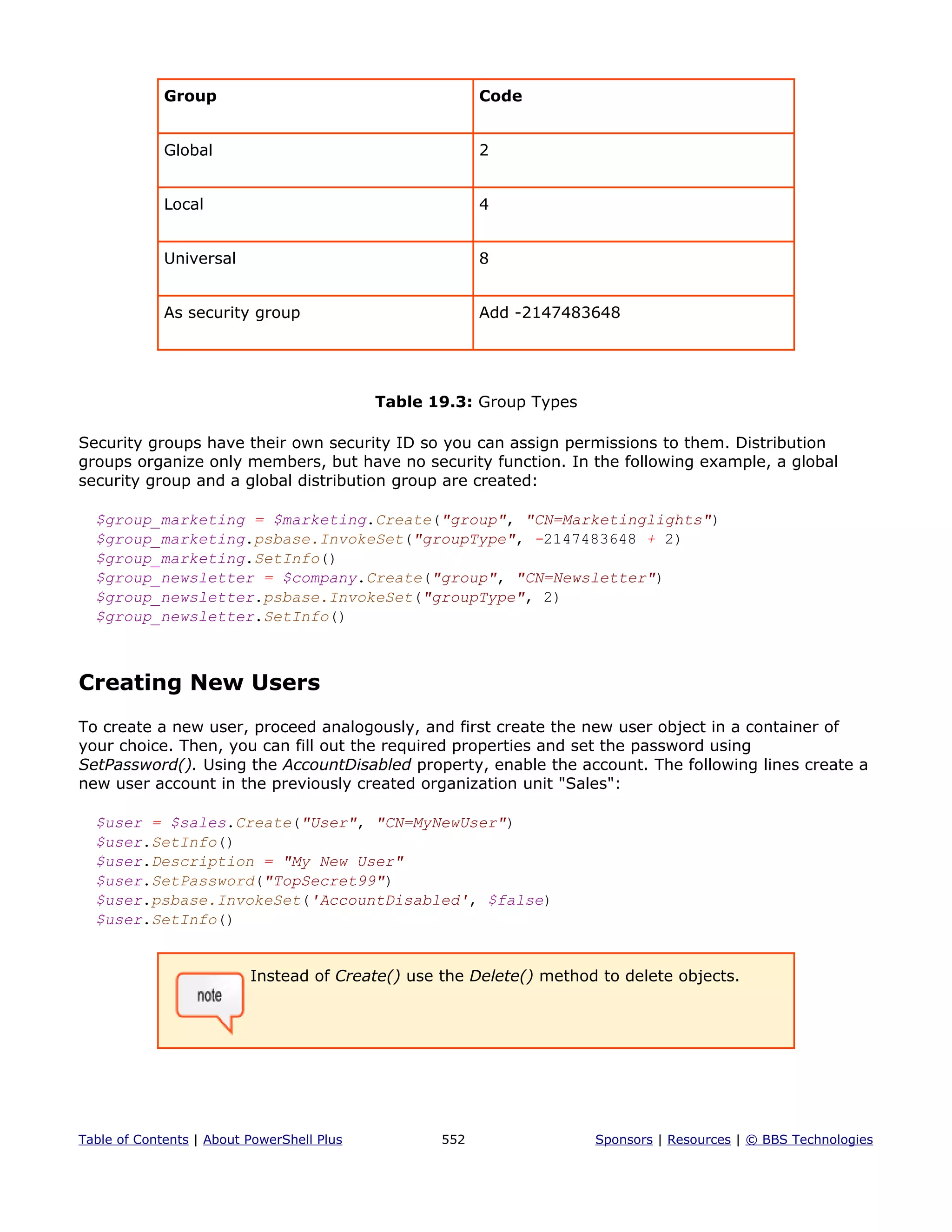 Group Code
Global 2
Local 4
Universal 8
As security group Add -2147483648
Table 19.3: Group Types
Security groups have their own security ID so you can assign permissions to them. Distribution
groups organize only members, but have no security function. In the following example, a global
security group and a global distribution group are created:
$group_marketing = $marketing.Create("group", "CN=Marketinglights")
$group_marketing.psbase.InvokeSet("groupType", -2147483648 + 2)
$group_marketing.SetInfo()
$group_newsletter = $company.Create("group", "CN=Newsletter")
$group_newsletter.psbase.InvokeSet("groupType", 2)
$group_newsletter.SetInfo()
Creating New Users
To create a new user, proceed analogously, and first create the new user object in a container of
your choice. Then, you can fill out the required properties and set the password using
SetPassword(). Using the AccountDisabled property, enable the account. The following lines create a
new user account in the previously created organization unit "Sales":
$user = $sales.Create("User", "CN=MyNewUser")
$user.SetInfo()
$user.Description = "My New User"
$user.SetPassword("TopSecret99")
$user.psbase.InvokeSet('AccountDisabled', $false)
$user.SetInfo()
Instead of Create() use the Delete() method to delete objects.
Table of Contents | About PowerShell Plus 552 Sponsors | Resources | © BBS Technologies
 