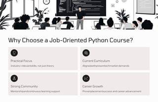 Why Choose a Job-Oriented Python Course?
Practical Focus
Strong Community Career Growth
Current Curriculum
Industry-relevantskills, not just theory
Mentorshipandcontinuous learning support
Alignedwithpresenttechmarket demands
Provenplacementsuccess and career advancement
 