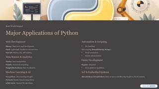 Real-World Impact
Major Applications of Python
Web Development
Django: High-level, rapid development.
Flask: Lightweight, flexible for microservices.
FastAPI: Modern, fast, API building.
Data Science & Analytics
Pandas: Data manipulation.
NumPy: Numerical computing.
Matplotlib/Seaborn: Data visualization.
Machine Learning & AI
TensorFlow: Deep learning (Google).
PyTorch: Flexible deep learning (Meta).
scikit-learn: Classical ML algorithms.
Automation & Scripting
• File handling.
Web scraping (BeautifulSoup, Scrapy).
• Email automation.
• System administration.
Game Development
Pygame: 2D games.
• Cross-platform capabilities.
IoT & Embedded Systems
MicroPython/CircuitPython: Runs on microcontrollers like Raspberry Pi and Arduino.
 