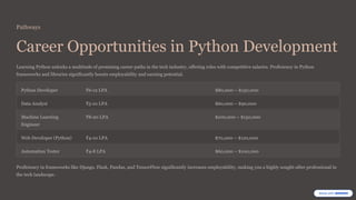 Pathways
Career Opportunities in Python Development
Learning Python unlocks a multitude of promising career paths in the tech industry, offering roles with competitive salaries. Proficiency in Python
frameworks and libraries significantly boosts employability and earning potential.
Python Developer ₹6-12 LPA $80,000 – $130,000
Data Analyst ₹5-10 LPA $60,000 – $90,000
Machine Learning
Engineer
₹8-20 LPA $100,000 – $150,000
Web Developer (Python) ₹4-10 LPA $70,000 – $120,000
Automation Tester ₹4-8 LPA $60,000 – $100,000
Proficiency in frameworks like Django, Flask, Pandas, and TensorFlow significantly increases employability, making you a highly sought-after professional in
the tech landscape.
 