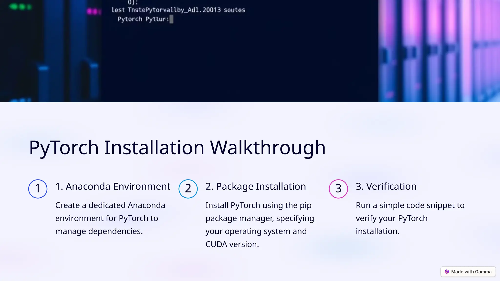PyTorch Installation Walkthrough 1 1. Anaconda Environment Create a dedicated Anaconda environment for PyTorch to manage dependencies. 2 2. Package Installation Install PyTorch using the pip package manager, specifying your operating system and CUDA version. 3 3. Verification Run a simple code snippet to verify your PyTorch installation. 