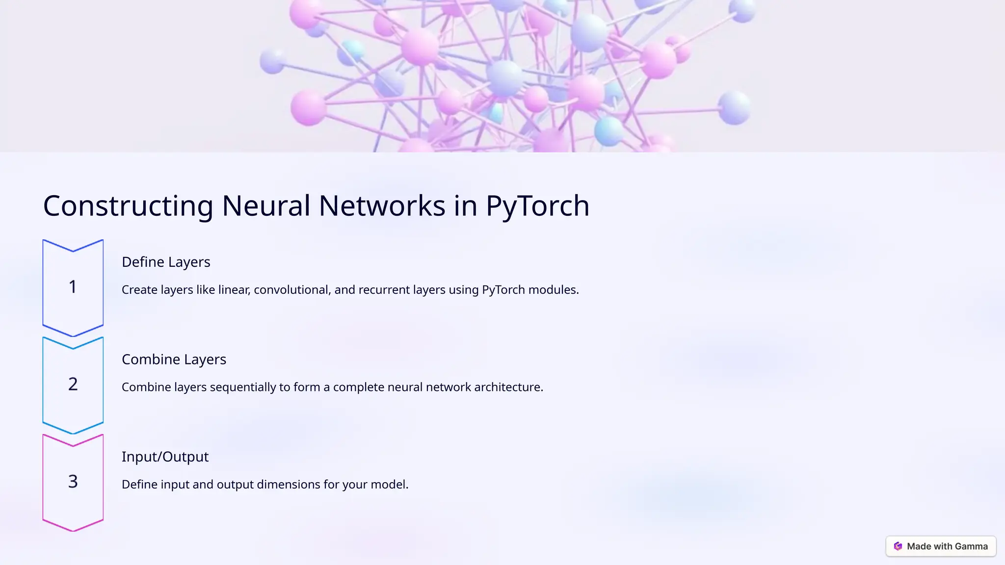 Constructing Neural Networks in PyTorch Define Layers Create layers like linear, convolutional, and recurrent layers using PyTorch modules. Combine Layers Combine layers sequentially to form a complete neural network architecture. Input/Output Define input and output dimensions for your model. 