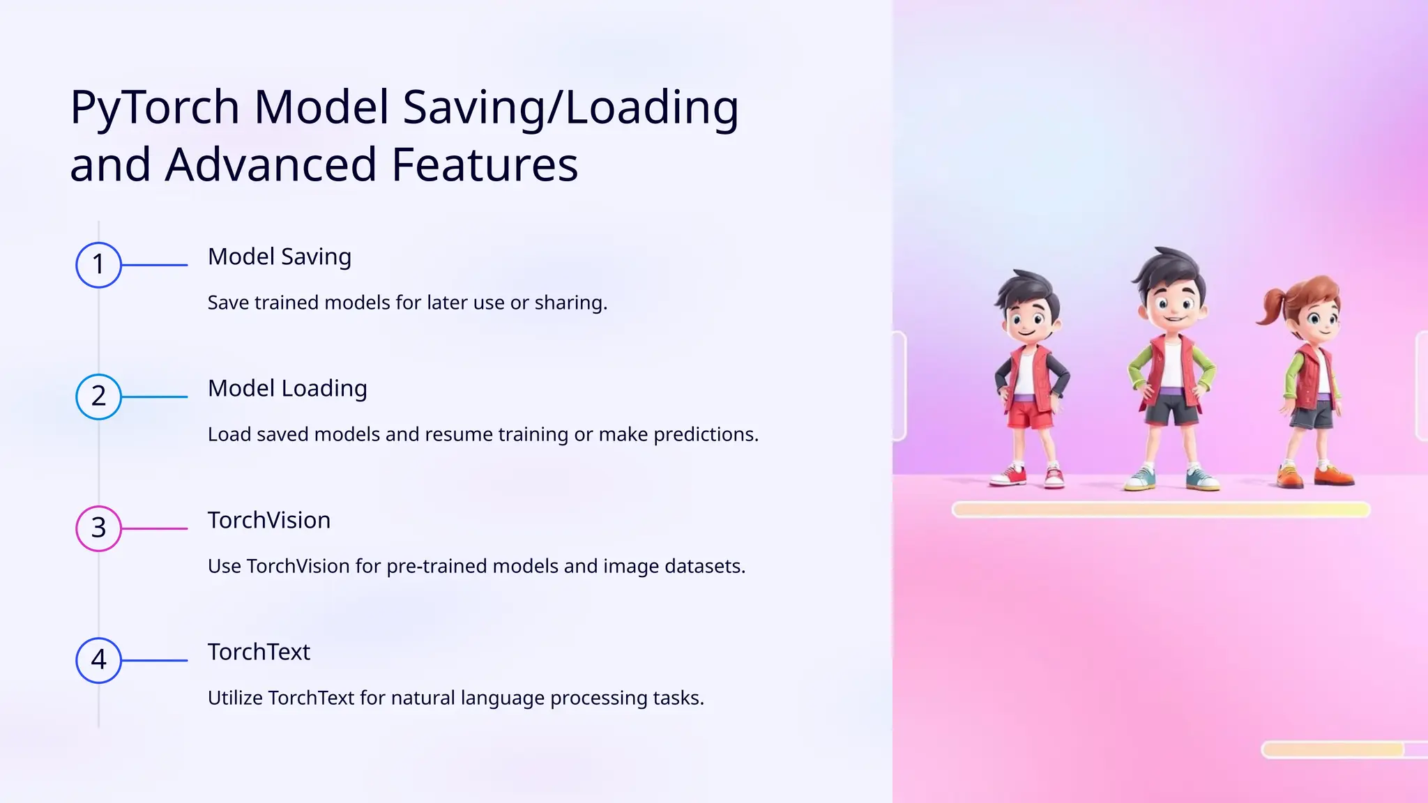 PyTorch Model Saving/Loading and Advanced Features 1 Model Saving Save trained models for later use or sharing. 2 Model Loading Load saved models and resume training or make predictions. 3 TorchVision Use TorchVision for pre-trained models and image datasets. 4 TorchText Utilize TorchText for natural language processing tasks. 
