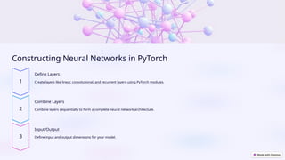 Constructing Neural Networks in PyTorch
Define Layers
Create layers like linear, convolutional, and recurrent layers using PyTorch modules.
Combine Layers
Combine layers sequentially to form a complete neural network architecture.
Input/Output
Define input and output dimensions for your model.
 