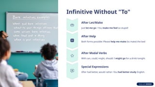 Infinitive Without "To"
After Let/Make
Just let me go / You make me feel so stupid!
After Help
Both forms possible: Please help me make (to make) the bed
After Modal Verbs
With can, could, might, should: I might go for a drink tonight.
Special Expressions
After had better, would rather: You had better study English.
 