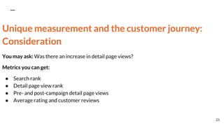 Unique measurement and the customer journey:
Consideration
You may ask: Was there an increase in detail page views?
Metrics you can get:
● Search rank
● Detail page view rank
● Pre- and post-campaign detail page views
● Average rating and customer reviews
23
 
