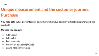 Unique measurement and the customer journey:
Purchase
You may ask: What percentage of customers who have seen my advertising purchased the
product?
Metrics you can get:
● Add to cart
● Add to list
● Purchase rate
● Return on ad spend (ROAS)
● Brand halo conversions
24
 
