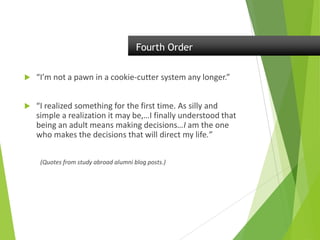 Fourth Order
 “I’m not a pawn in a cookie-cutter system any longer.”
 “I realized something for the first time. As silly and
simple a realization it may be,…I finally understood that
being an adult means making decisions…I am the one
who makes the decisions that will direct my life.”
(Quotes from study abroad alumni blog posts.)
 
