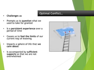 • Challenges us
• Prompts us to question what we
used to take for granted
• Is a persistent experience over a
period of time
• Causes us to feel the limits of our
current way of knowing
• Impacts a sphere of life that we
care about
• Is accompanied by sufficient
supports so that we are not
overwhelmed
Optimal Conflict…
 
