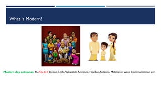 What is Modern?
Modern day antennas: 4G,5G, IoT, Drone, LoRa,Wearable Antenna, Flexible Antenna, Millimeter wave Communication etc.
 