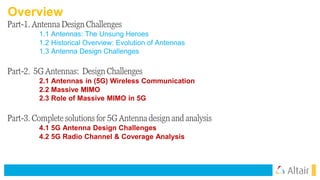 Part-1. Antenna Design Challenges
1.1 Antennas: The Unsung Heroes
1.2 Historical Overview: Evolution of Antennas
1.3 Antenna Design Challenges
Part-2. 5G Antennas: Design Challenges
2.1 Antennas in (5G) Wireless Communication
2.2 Massive MIMO
2.3 Role of Massive MIMO in 5G
Part-3. Complete solutionsfor 5G Antenna design and analysis
4.1 5G Antenna Design Challenges
4.2 5G Radio Channel & Coverage Analysis
Overview
 