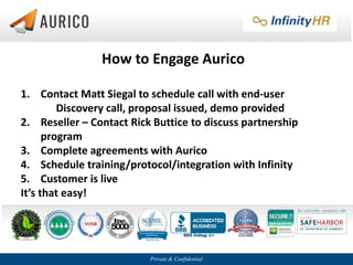 Private & Confidential
How to Engage Aurico
1. Contact Matt Siegal to schedule call with end-user
Discovery call, proposal issued, demo provided
2. Reseller – Contact Rick Buttice to discuss partnership
program
3. Complete agreements with Aurico
4. Schedule training/protocol/integration with Infinity
5. Customer is live
It’s that easy!
 