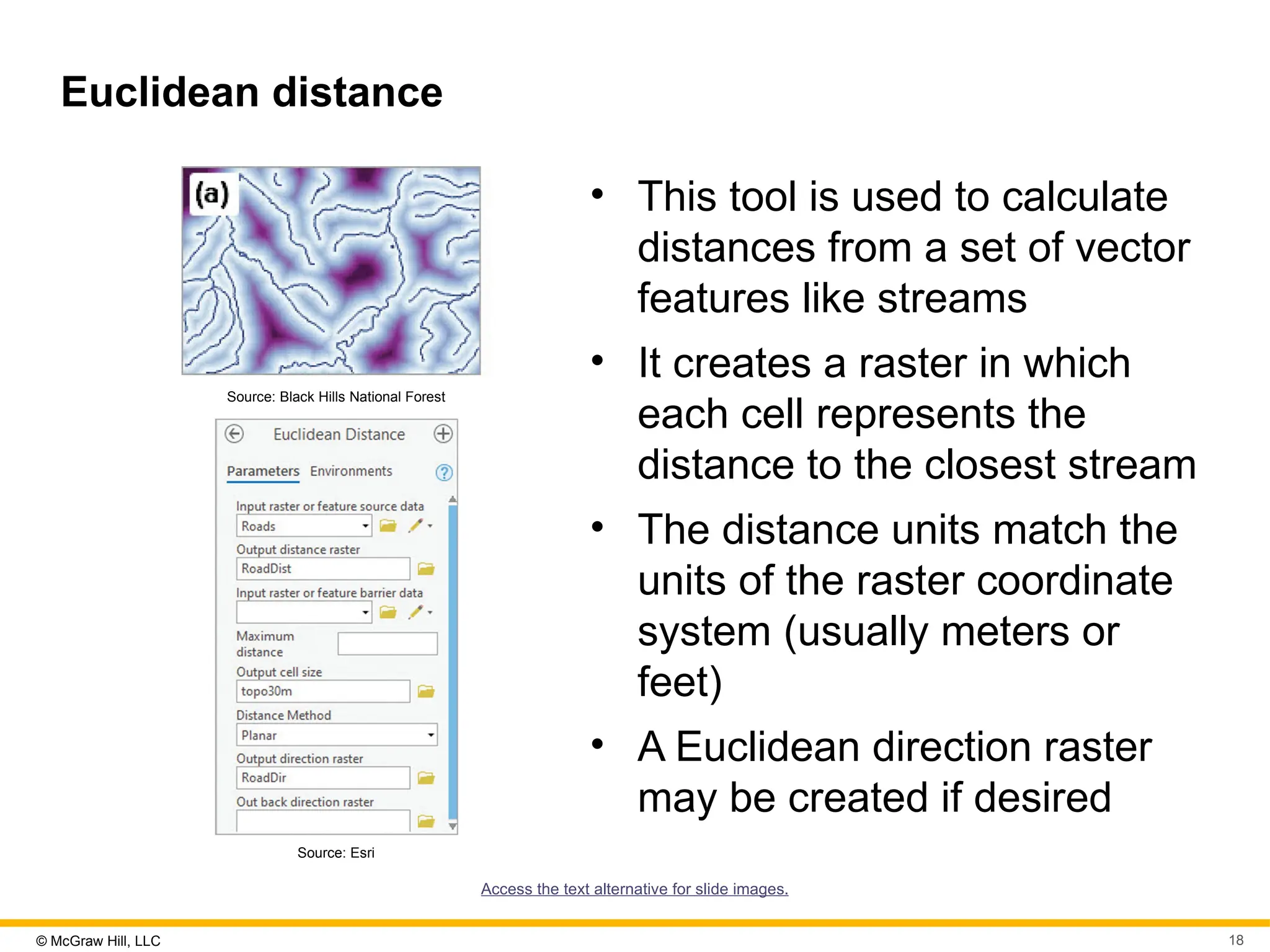 © McGraw Hill, LLC 18
Euclidean distance
Source: Black Hills National Forest
Source: Esri
• This tool is used to calculate
distances from a set of vector
features like streams
• It creates a raster in which
each cell represents the
distance to the closest stream
• The distance units match the
units of the raster coordinate
system (usually meters or
feet)
• A Euclidean direction raster
may be created if desired
Access the text alternative for slide images.
 