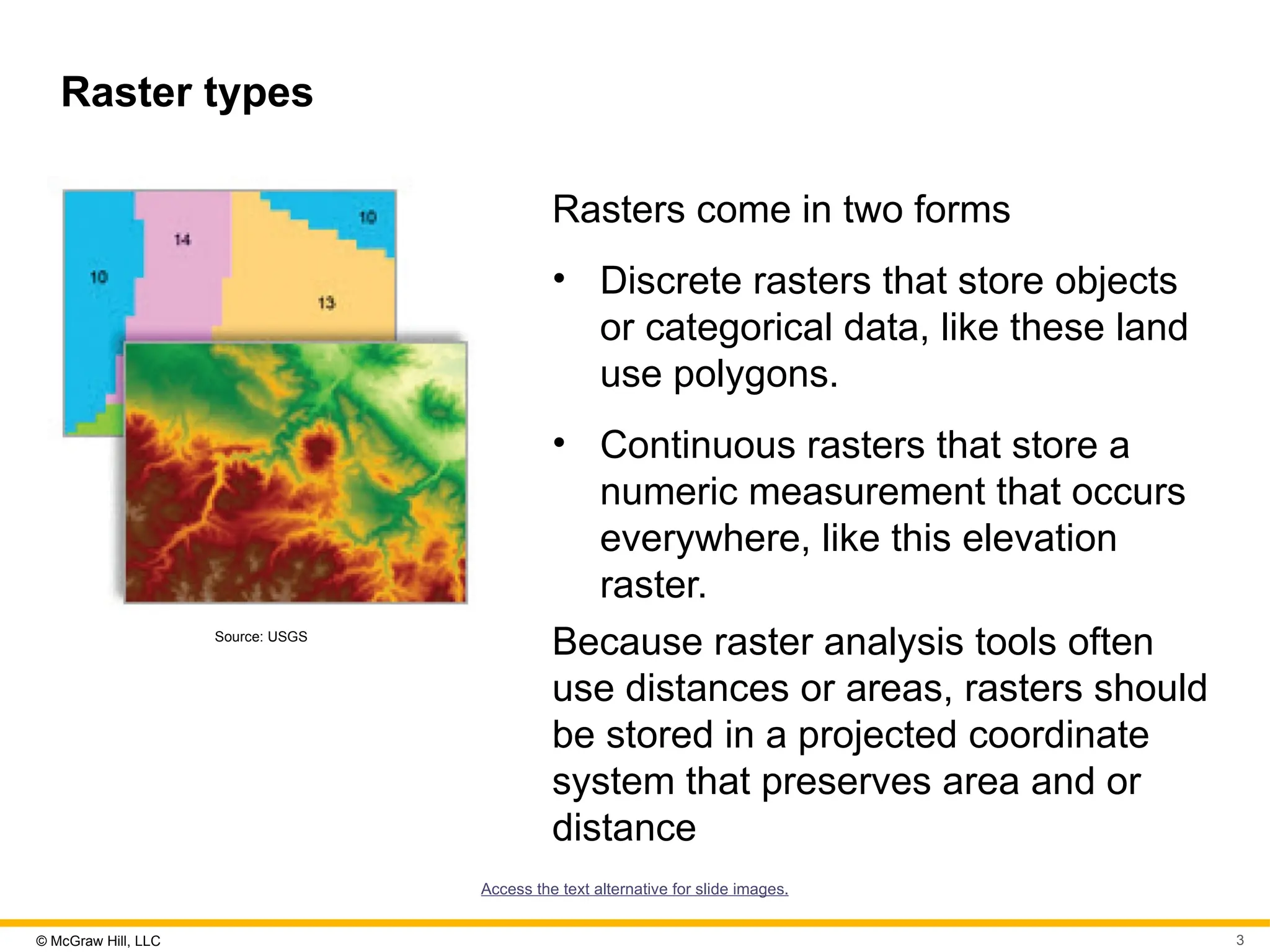 © McGraw Hill, LLC 3
Raster types
Source: USGS
Rasters come in two forms
• Discrete rasters that store objects
or categorical data, like these land
use polygons.
• Continuous rasters that store a
numeric measurement that occurs
everywhere, like this elevation
raster.
Because raster analysis tools often
use distances or areas, rasters should
be stored in a projected coordinate
system that preserves area and or
distance
Access the text alternative for slide images.
 