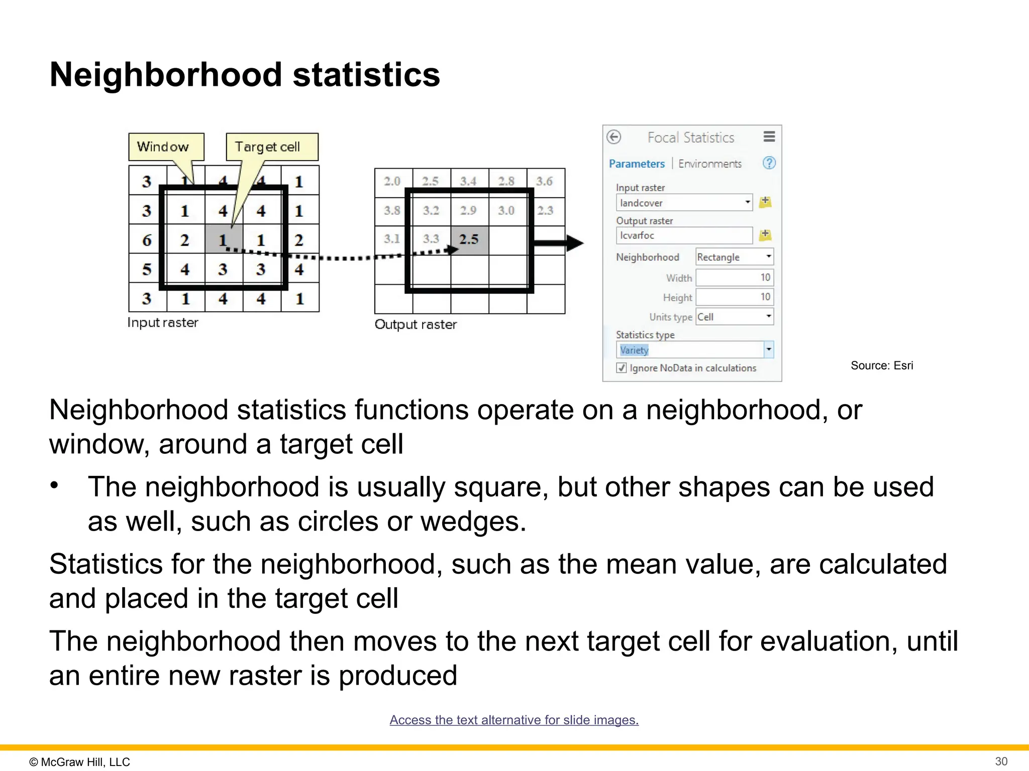 © McGraw Hill, LLC 30
Neighborhood statistics
Source: Esri
Neighborhood statistics functions operate on a neighborhood, or
window, around a target cell
• The neighborhood is usually square, but other shapes can be used
as well, such as circles or wedges.
Statistics for the neighborhood, such as the mean value, are calculated
and placed in the target cell
The neighborhood then moves to the next target cell for evaluation, until
an entire new raster is produced
Access the text alternative for slide images.
 