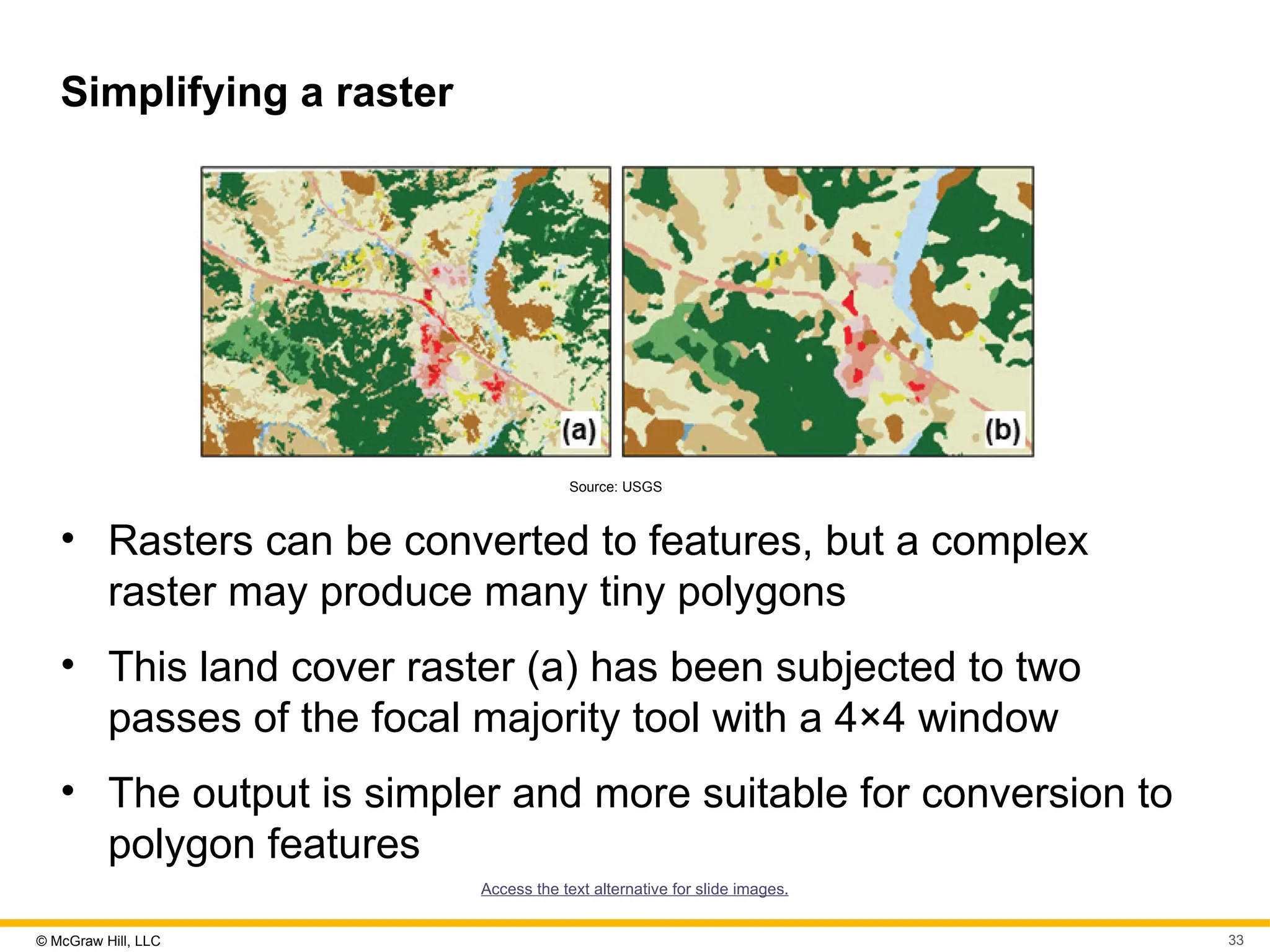 © McGraw Hill, LLC 33
Simplifying a raster
Source: USGS
• Rasters can be converted to features, but a complex
raster may produce many tiny polygons
• This land cover raster (a) has been subjected to two
passes of the focal majority tool with a 4×4 window
• The output is simpler and more suitable for conversion to
polygon features
Access the text alternative for slide images.
 