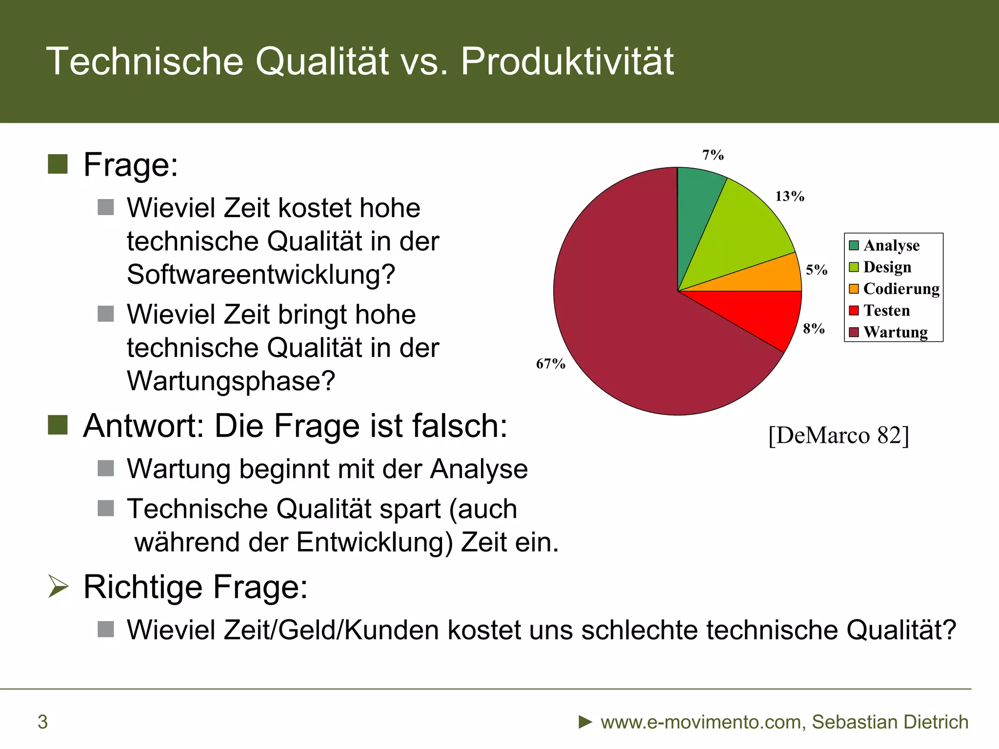 Technische Qualität vs. Produktivität
 Frage:
 Wieviel Zeit kostet hohe
technische Qualität in der
Softwareentwicklung?
 Wieviel Zeit bringt hohe
technische Qualität in der
Wartungsphase?
 Antwort: Die Frage ist falsch:
 Wartung beginnt mit der Analyse
 Technische Qualität spart (auch
während der Entwicklung) Zeit ein.
 Richtige Frage:
 Wieviel Zeit/Geld/Kunden kostet uns schlechte technische Qualität?
► www.e-movimento.com, Sebastian Dietrich3
[DeMarco 82]
7%
67%
13%
5%
8%
Analyse
Design
Codierung
Testen
Wartung
 