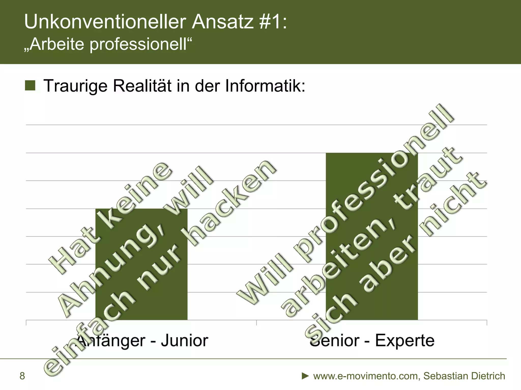 Unkonventioneller Ansatz #1:
„Arbeite professionell“
 Traurige Realität in der Informatik:
► www.e-movimento.com, Sebastian Dietrich8
 