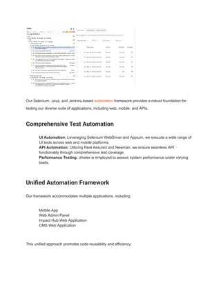 Our Selenium, Java, and Jenkins-based automation framework provides a robust foundation for
testing our diverse suite of applications, including web, mobile, and APIs.
Comprehensive Test Automation
​ UI Automation: Leveraging Selenium WebDriver and Appium, we execute a wide range of
UI tests across web and mobile platforms.
​ API Automation: Utilizing Rest Assured and Newman, we ensure seamless API
functionality through comprehensive test coverage.
​ Performance Testing: Jmeter is employed to assess system performance under varying
loads.
Unified Automation Framework
Our framework accommodates multiple applications, including:
​ Mobile App
​ Web Admin Panel
​ Impact Hub Web Application
​ CMS Web Application
This unified approach promotes code reusability and efficiency.
 