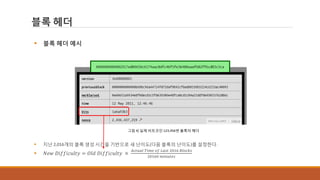 블록 헤더
그림 4] 실제 비트코인 123,456번 블록의 헤더
 블록 헤더 예시
 지난 2,016개의 블록 생성 시간을 기반으로 새 난이도(다음 블록의 난이도)를 설정한다.
 𝑁𝑒𝑤 𝐷𝑖𝑓𝑓𝑖𝑐𝑢𝑙𝑡𝑦 = 𝑂𝑙𝑑 𝐷𝑖𝑓𝑓𝑖𝑐𝑢𝑙𝑡𝑦 ×
𝐴𝑐𝑡𝑢𝑎𝑙 𝑇𝑖𝑚𝑒 𝑜𝑓 𝐿𝑎𝑠𝑡 2016 𝐵𝑙𝑜𝑐𝑘𝑠
20160 𝑚𝑖𝑛𝑢𝑡𝑒𝑠
 