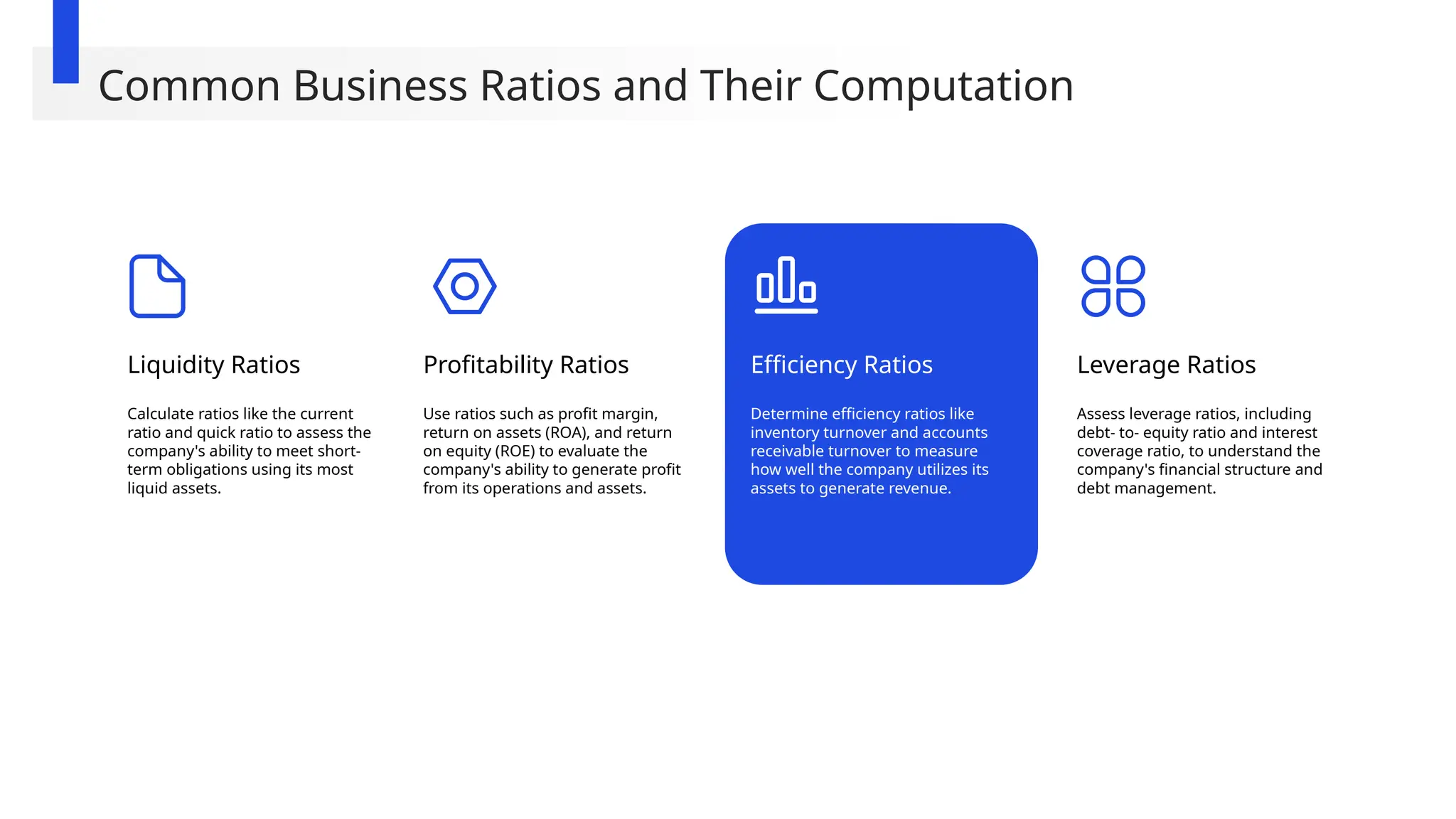 Liquidity Ratios
Calculate ratios like the current
ratio and quick ratio to assess the
company's ability to meet short-
term obligations using its most
liquid assets.
Profitability Ratios
Use ratios such as profit margin,
return on assets (ROA), and return
on equity (ROE) to evaluate the
company's ability to generate profit
from its operations and assets.
Efficiency Ratios
Determine efficiency ratios like
inventory turnover and accounts
receivable turnover to measure
how well the company utilizes its
assets to generate revenue.
Leverage Ratios
Assess leverage ratios, including
debt- to- equity ratio and interest
coverage ratio, to understand the
company's financial structure and
debt management.
Common Business Ratios and Their Computation
 