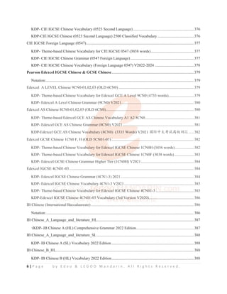 6 | P a g e b y E d e o  L E G O O M a n d a r i n . A l l R i g h t s R e s e r v e d .
KDP- CIE IGCSE Chinese Vocabulary (0523 Second Language) ..............................................................376
KDP-CIE IGCSE Chinese (0523 Second Language) 2500 Classified Vocabulary .....................................376
CIE IGCSE Foreign Language (0547).............................................................................................................. 377
KDP- Theme-based Chinese Vocabulary for CIE IGCSE 0547 (3038 words)............................................377
KDP- CIE IGCSE Chinese Grammar (0547 Foreign Language).................................................................377
KDP- CIE IGCSE Chinese Vocabulary (Foreign Language 0547) V2022-2024 ........................................378
Pearson Edexcel IGCSE Chinese  GCSE Chinese....................................................................................379
Notation:....................................................................................................................................................... 379
Edexcel A LEVEL Chinese 9CN0-01,02,03 (OLD 6CN0) .............................................................................379
KDP- Theme-based Chinese Vocabulary for Edexcel GCE A Level 9CN0 (4733 words)..........................379
KDP- Edexcel A Level Chinese Grammar (9CN0) V2021..........................................................................380
Edexcel AS Chinese 8CN0-01,02,03 (OLD 6CN0)..........................................................................................380
KDP- Theme-based Edexcel GCE AS Chinese Vocabulary A1 A2 8CN0..................................................381
KDP- Edexcel GCE AS Chinese Grammar (8CN0) V2021.........................................................................381
KDP-Edexcel GCE AS Chinese Vocabulary (8CN0) (3335 Words) V2021 ള䱻ѣᮽ㘹䈋儎㓝䈃≽ .....382
Edexcel GCSE Chinese 1CN0 F, H (OLD 5CN01-03) ....................................................................................382
KDP- Theme-based Chinese Vocabulary for Edexcel IGCSE Chinese 1CN0H (3456 words) ...................382
KDP- Theme-based Chinese Vocabulary for Edexcel IGCSE Chinese 1CN0F (3038 words)....................383
KDP- Edexcel GCSE Chinese Grammar Higher Tier (1CN0H) V2021......................................................384
Edexcel IGCSE 4CN01-03 ............................................................................................................................... 384
KDP- Edexcel IGCSE Chinese Grammar (4CN1-3) 2021...........................................................................384
KDP- Edexcel IGCSE Chinese Vocabulary 4CN1-3 V2021 .......................................................................385
KDP- Theme-based Chinese Vocabulary for Edexcel IGCSE Chinese 4CN01-3 .......................................385
KDP-Edexcel IGCSE Chinese 4CN01-03 Vocabulary (3rd Version V2020)..............................................386
IB Chinese (International Baccalaureate) .........................................................................................................386
Notation:....................................................................................................................................................... 386
IB Chinese_A_Language_and_literature_HL...................................................................................................387
¥KDP- IB Chinese A (HL) Comprehensive Grammar 2022 Edition...........................................................387
IB Chinese_A_Language_and_literature_SL ...................................................................................................388
KDP- IB Chinese A (SL) Vocabulary 2022 Edition ....................................................................................388
IB Chinese_B_HL............................................................................................................................................. 388
KDP- IB Chinese B (HL) Vocabulary 2022 Edition....................................................................................388
Edexcel A LEVEL Chinese 9CN0-01,02,03 (OLD 6CN0) .............................................................................379
KDP- Theme-based Chinese Vocabulary for Edexcel GCE
CE
CE
CE
C A
A
A
A
A
A L
L
L
Lev
ev
ev
ev
evel
e
e
e
e 9CN0 (4733 words)..........................379
KDP- Edexcel A Level Chinese Grammar (9CN0)
0)
0)
)
0)
0) V2021.
..
.
......
.
..............
.......................................................380
Edexcel AS Chinese 8CN0-01,02,03 (OLD 6C
CN
N0
N
N
N )..........
.............
...............
.
.
.......................................................380
KDP- Theme-based Edexcel GCE AS C
C
C
C
Ch
hi
h
h nese Voc
c
oc
cabulary
y
y
y
y
y A1 A2 8
8C
8C
8 N0..................................................381
KDP- Edexcel GCE AS Chinese Gram
mm
m
m
m
m ar (8CN0
0
0
0)
)
) V2
V2
V 02
02
2
02
21
1
1
1..
....
....
....
....
....
....
.
. ...........................................................381
KDP-Edexcel GCE AS Chinese Voc
oc
c
oc
cabulary (8CN0) (3335 Word
d
ds)
s)
s)
s)
s V2021 ള䱻ѣᮽ㘹䈋儎㓝䈃≽ .....382
Edexcel GCSE Chinese 1CN0 F, H (O
O
OL
O D 5CN01-03
0
03
3
03)
)
) .......................
..
.
. .....
..
. ......................................................382
KDP- Theme-based Chinese Vocabu
bu
u
bu
ulary for Edexc
c
c
c
xcel
e
e
e I
I
I
IGC
GC
GC
GC
C
GCS
S
S
SE Chine
es
s
se
s 1CN0H (3456 words) ...................382
KDP- Theme-based Chinese Vocabula
a
a
ary
ry
ry
ry for Edexcel IGCSE
E
E
E
E C
C
C
C
Ch
h
hi
h
h
h nese 1CN0F (3038 words)....................383
KDP- Edexcel GCSE Chinese Grammar Higher Ti
Ti
Tier (1CN0H) V2021......................................................384
Edexcel IGCSE 4CN01-03 ............................................................................................................................... 384
KDP- Edexcel IGCSE Chinese Grammar (4CN1-3) 2021...........................................................................384
KDP- Edexcel IG
I
IGCSE Chinese Vocabulary
y
y 4CN1-3 V2021 .......................................................................385
KDP- Theme-
-ba
ba
ba
a
ba
ased
d
d Ch
Ch
Ch
C
Chin
n
n
n
nes
es
e
es
e e
e
e
e
e
e
e
e Vo
Vo
Vo
V
Voca
c
ca
c
c
c bula
a
a
a
a
ary
ry
ry
ry
y
ry
ry
y f
f
f
f
f
f
for
or
or
r
or
r E
E
E
E
E
Ede
de
de
d
de
d
de
de
d xc
xc
xc
xc
c
xc
c
c
cel
el
el
l
el
el
e IGC
GC
GC
GC
C
GC
C
C
CSE
SE
SE
E
E
E
SE
E
E
E
E C
C
C
C
C
C
C
C
C
C
Chi
hi
hi
hi
hi
ine
ne
ne
ne
n
n se
se
e
e
se
e
e 4
4
4
4
4
4
4 N
CN
CN
CN
CN
CN
CN
CN
C
C
CN01
01
01
1
1-3
-3
-3
-3
-3 .......................................385
KDP-Edexcel
l IG
IG
IG
G
G
G
G
G
GCS
CS
CS
CS
S
SE
E
E
E
E
E
E Ch
h
h
h
hin
in
in
n
n
n
ne
e
es
e
e
e
e e 4C
4C
C
4C
4
4 N0
N0
N0
0
0
01
1
1
1
1-
-
-03
3
03 V
V
V
V
V
V
V
Vocab
b
bul
ul
ul
ul
ul
l
ular
ar
ar
ar
ar
r
a y
y
y
y
y
y
y
y
y (3
(3
(3
(3
(3
(
(
( rd
rd
rd
rd
rd
d
rd
rd V
V
V
V
V
Ver
er
er
er
rsi
si
si
si
s
si
s on
n
on
on
on
n V
V
V
V
V
V
V
V20
20
20
0
2
20
020
0
0
0
0
0
0)
)
)
)
)
)..
.
.
. ..
.
. ..
. ..
.
.
. ......................................386
IB Chinese (International Baccalaureate) .........................................................................................................386
 