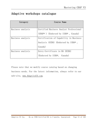 Mastering CBAP V3
Adaptive US Inc. Be an IIBA Certified BA in 3 months. Guaranteed. Page 11 of 163
Adaptive workshops catalogue
Category Course Name
Business analysis Certified Business Analyst Professional
(CBAP® ) (Endorsed by IIBA® , Canada)
Business analysis Certification of Capability in Business
Analysis (CCBA) (Endorsed by IIBA® ,
Canada)
Business analysis Entry Certificate in BA (ECBA)
(Endorsed by IIBA®, Canada)
Please note that we modify course catalog based on changing
business needs. For the latest information, always refer to our
web-site, www.AdaptiveUS.com.
 