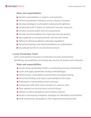 www.infosectrain.com
 Identify vulnerabilities in systems and networks
 Perform penetration testing to assess security measures
 Develop strategies to strengthen cybersecurity defenses
 Collaborate with IT teams to implement security measures
 Conduct security audits and risk assessments
 Provide recommendations for improving security posture
 Stay updated on emerging threats and security trends
 Adhere to ethical guidelines and legal regulations
 Document findings and recommendations for stakeholders
 Educate personnel on security best practices
Roles and responsibilities:
• Junior Penetration Tester
Roles and responsibilities:
 Assist senior penetration testers in conducting security assessments
 Learn and apply penetration testing methodologies
 Perform basic vulnerability assessments and exploit testing
 Document findings and report vulnerabilities to the team
 Participate in red team/blue team exercises
 Collaborate with other team members to improve skills
 Stay updated on security tools and techniques
 Adhere to ethical guidelines and company policies
 Assist in developing mitigation strategies for identified vulnerabilities
 Seek mentorship and guidance from experienced professionals
Entry-level position focused on conducting security assessments,
identifying vulnerabilities, and testing the security of systems and networks.
 