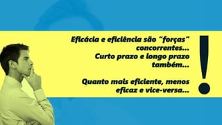 Eficácia e eficiência são “forças”
concorrentes...
Curto prazo e longo prazo
também...
Quanto mais eficiente, menos
eficaz e vice-versa...
 