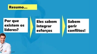 Por que
existem os
líderes?
Eles sabem
integrar
esforços
Sabem
gerir
conflitos!
Resumo...
 