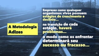 25
Empresas como quaisquer
organismos vivos possuem
estágios de crescimento e
declínio...
na transição de cada
estágio, haverá
problemas...
o modo como os enfrentar
determinará seu
sucesso ou fracasso...
A Metodologia
Adizes
 