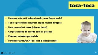 toca-toca
41
o Empresa não está sobrevivendo, mas florescendo!
o Tudo é prioridade empresa segue muitas direções
o Foco no market share (não no lucro)
o Cargos criados de acordo com as pessoas
o Poucos controles gerenciais
o Fundador ARROGANTE!!! Isso é indispensável
 