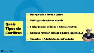o Dos que são a favor x contra
o Velha guarda x Nova Guarda
o Sócios (empreendedor x Administrativo)
o Empresa familiar (irmãos x pais x cônjuges...)
o Conselho + Administrador x Fundador
Quais
Tipos de
Conflitos
46
 