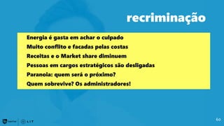 60
recriminação
o Energia é gasta em achar o culpado
o Muito conflito e facadas pelas costas
o Receitas e o Market share diminuem
o Pessoas em cargos estratégicos são desligadas
o Paranoia: quem será o próximo?
o Quem sobrevive? Os administradores!
 