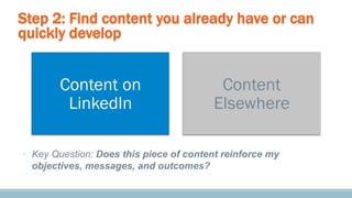 Step 2: Find content you already have or can
quickly develop

Content on
LinkedIn

Content
Elsewhere

§  Key Question: Do...