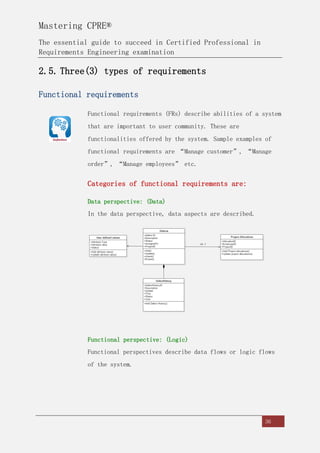 Mastering CPRE®
The essential guide to succeed in Certified Professional in
Requirements Engineering examination
36
2.5. Three(3) types of requirements
Functional requirements
Functional requirements (FRs) describe abilities of a system
that are important to user community. These are
functionalities offered by the system. Sample examples of
functional requirements are “Manage customer”, “Manage
order”, “Manage employees” etc.
Categories of functional requirements are:
Data perspective: (Data)
In the data perspective, data aspects are described.
Functional perspective: (Logic)
Functional perspectives describe data flows or logic flows
of the system.
 