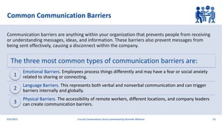 Common Communication Barriers
9/6/2023 Crucial Conversations Series presented by Kenneth Williams 23
Communication barriers are anything within your organization that prevents people from receiving
or understanding messages, ideas, and information. These barriers also prevent messages from
being sent effectively, causing a disconnect within the company.
The three most common types of communication barriers are:
Emotional Barriers. Employees process things differently and may have a fear or social anxiety
related to sharing or connecting.
Language Barriers. This represents both verbal and nonverbal communication and can trigger
barriers internally and globally.
Physical Barriers. The accessibility of remote workers, different locations, and company leaders
can create communication barriers.
1
2
3
 