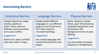 People experience anger,
anxiety, apathy or
pride. These obstruct
effective communication
and cause conflict.
Suggestions
Build trust, listen carefully
and value other’s input.
People speak different
languages or use different
jargon or technical terms.
This often leads to
misunderstandings.
Suggestions
Use simple language and
avoid technical terms and
jargon.
Noise, distance, closed
doors, poor infrastructure,
outdated equipment, and
distractions like
background noise or poor
lighting.
Suggestions
Use accessible and quiet
locations or headphones.
Overcoming Barriers
9/6/2023 Crucial Conversations Series presented by Kenneth Williams 24
Emotional Barriers Language Barriers Physical Barriers
 